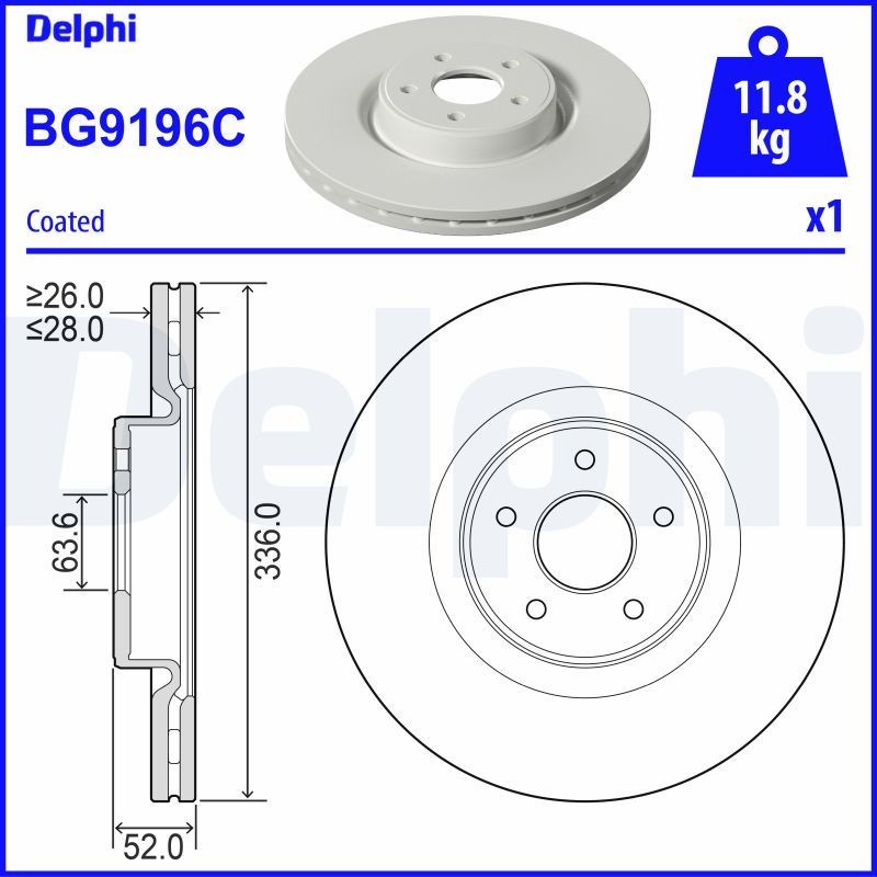 DELPHI BG9196C Brake disc 336x28mm, 5, Vented, Coated, Untreated