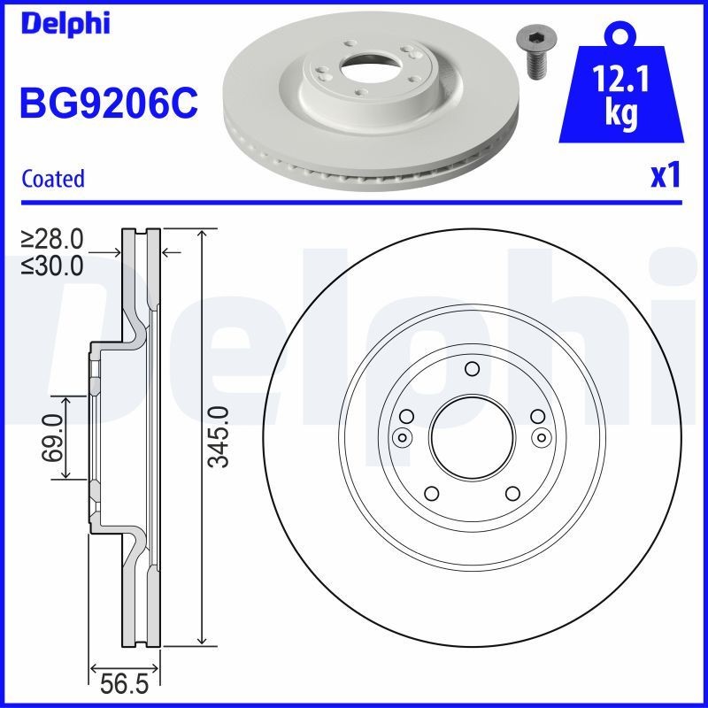DELPHI 345x30mm, 5, Vented, Coated, Untreated Ø: 345mm, Num. of holes: 5, Brake Disc Thickness: 30mm Brake rotor BG9206C buy