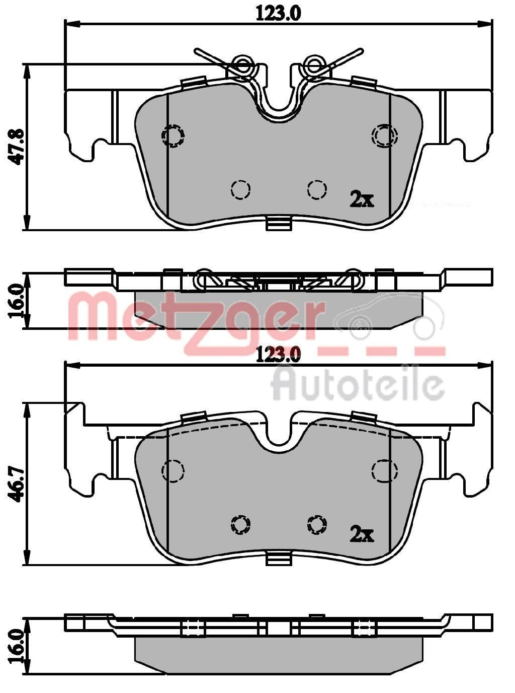 Brake pad set METZGER Rear Axle, prepared for wear indicator, with anti-squeak plate - 1170846
