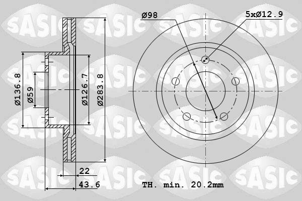 SASIC Front Axle, 284x22mm, 5x59, Vented Ø: 284mm, Num. of holes: 5, Brake Disc Thickness: 22mm Brake rotor 6106358 buy
