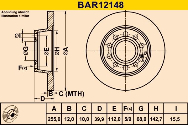 BAR12148 Barum Brake rotors AUDI 255,0x12,0mm, 5x112,0, solid