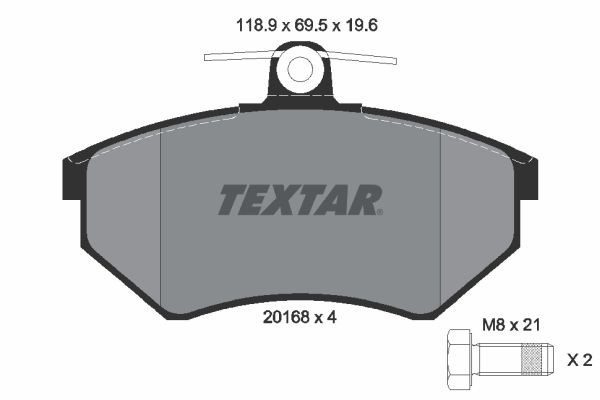 20168 TEXTAR not prepared for wear indicator, with brake caliper screws Height: 69,5mm, Width: 118,9mm, Thickness: 19,6mm Brake pads 2016804 buy