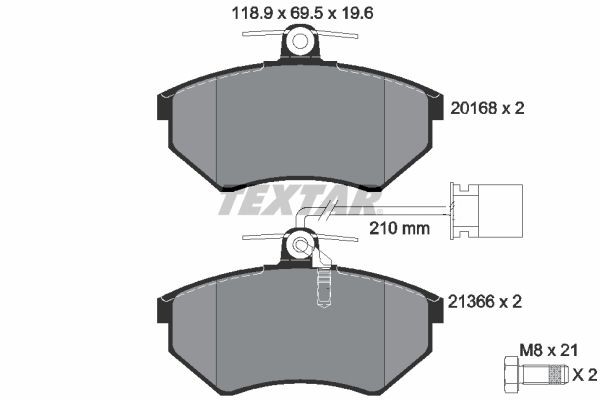 20168 TEXTAR with integrated wear warning contact, with brake caliper screws, with accessories Height: 69,5mm, Width: 118,9mm, Thickness: 19,6mm Brake pads 2016805 buy