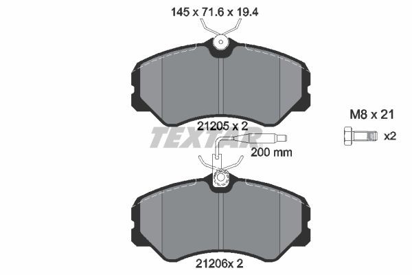 21205 TEXTAR with integrated wear warning contact, with brake caliper screws Height: 71,6mm, Width: 144,8mm, Thickness: 19,4mm Brake pads 2120501 buy