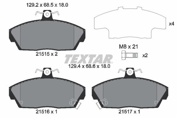 21515 TEXTAR with acoustic wear warning, with brake caliper screws, with accessories Height: 69,7mm, Width: 129,2mm, Thickness: 18mm Brake pads 2151503 buy