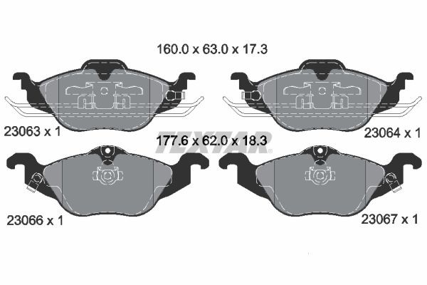 23063 TEXTAR with acoustic wear warning Height 1: 62mm, Height 2: 63mm, Width 1: 177,6mm, Width 2 [mm]: 160mm, Thickness: 17,3mm Brake pads 2306302 buy