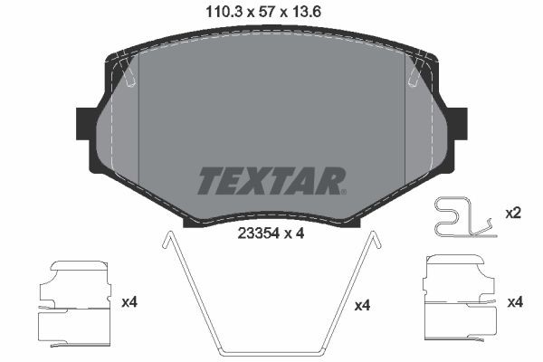 23354 TEXTAR with acoustic wear warning, with accessories Height: 57,2mm, Width: 110,3mm, Thickness: 13,6mm Brake pads 2335404 buy