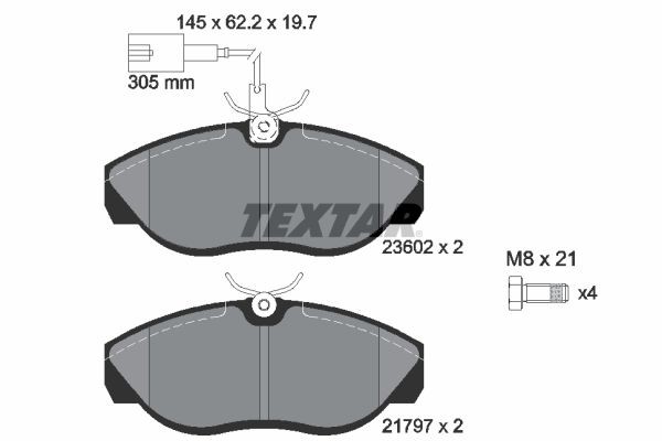 8317D1197 TEXTAR mit integriertem Verschleißwarnkontakt, mit Bremssattelschrauben Höhe: 62,2mm, Breite: 145mm, Dicke/Stärke: 19,7mm Bremsbelagsatz 2360201 günstig kaufen