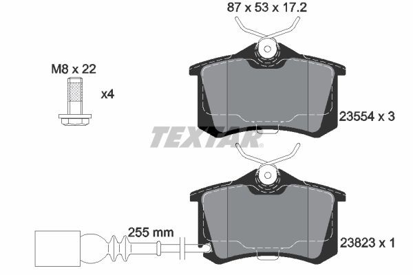 23554 TEXTAR incl. wear warning contact, with brake caliper screws Height: 53mm, Width: 87mm, Thickness: 17,2mm Brake pads 2382301 buy