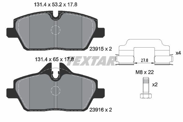 2391503 Set of brake pads 8423D1308 TEXTAR prepared for wear indicator, with brake caliper screws, with accessories