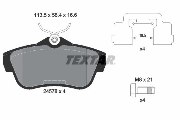 24578 TEXTAR not prepared for wear indicator, with brake caliper screws, with accessories Height: 58,4mm, Width: 113,5mm, Thickness: 16,6mm Brake pads 2457801 buy