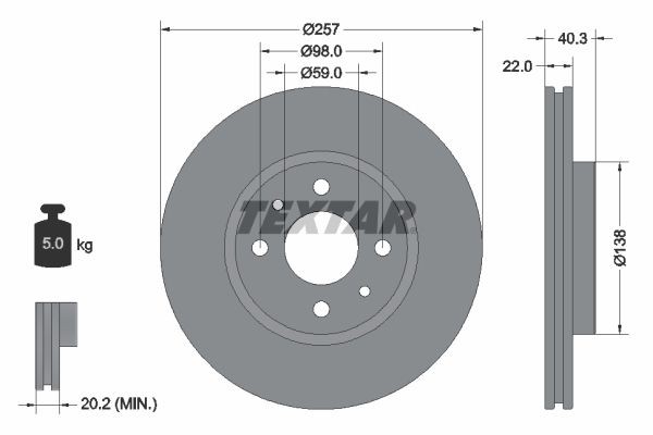 92069600 TEXTAR Brake rotors CHRYSLER 257x22mm, 04/06x98, internally vented