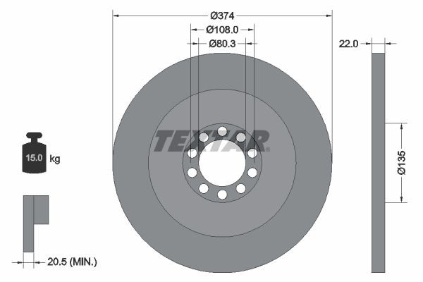 TEXTAR 93015500 Brake disc 374x22mm, 10/10x108, solid