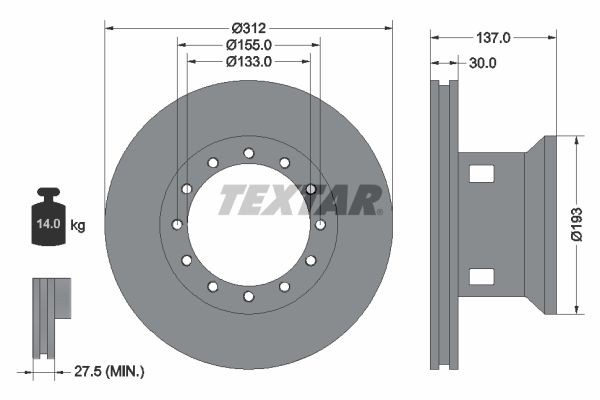 TEXTAR 93084200 Brake disc 312x30mm, 12/12x155, internally vented