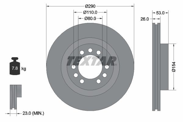 93127200 TEXTAR Brake rotors IVECO 290x26mm, 06/09x110, internally vented