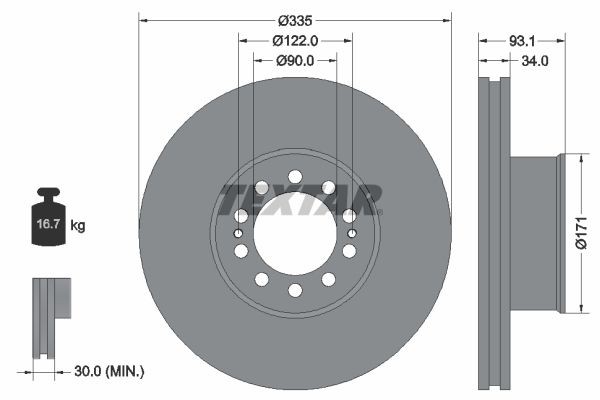 TEXTAR 93138000 Brake disc 335x34mm, 10/12x122, internally vented