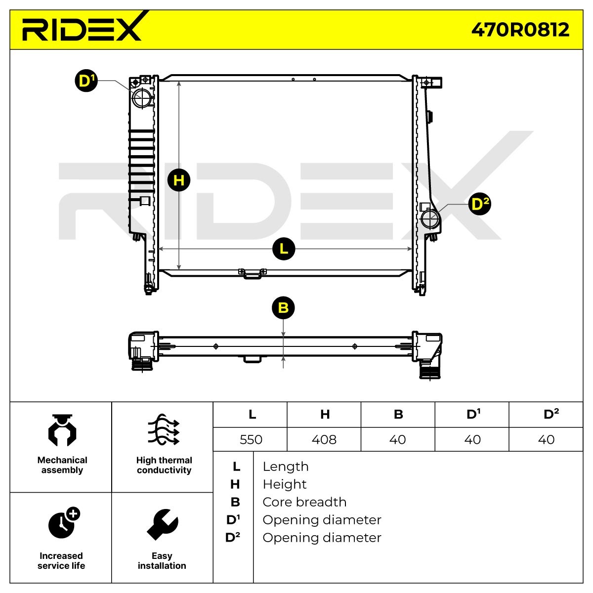 470R0812 Radiator 470R0812 RIDEX Aluminium, for vehicles with/without air conditioning, Manual-/optional automatic transmission, Brazed cooling fins