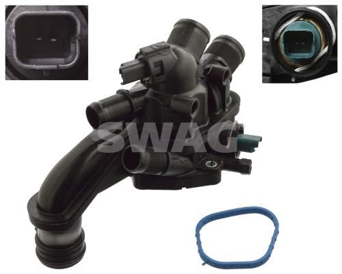 11 10 3197 SWAG Coolant thermostat CHEVROLET Opening Temperature: 105°C, with seal, with Temperature Switch, with housing