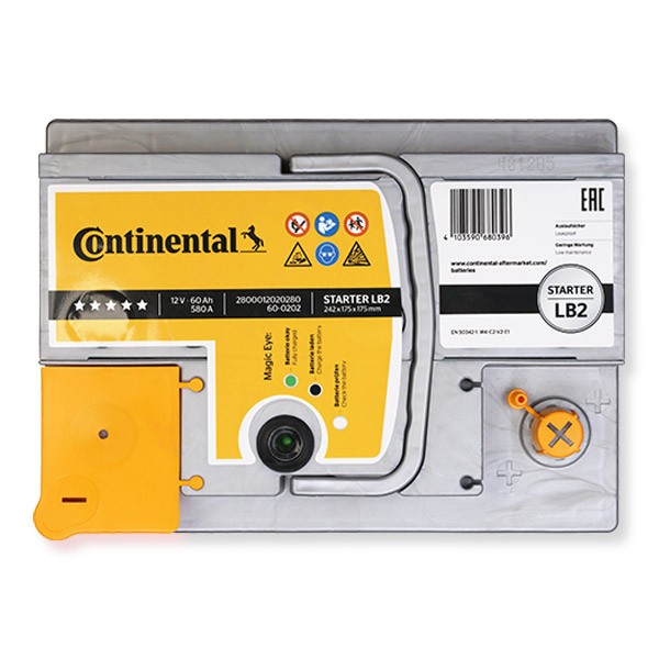 Continental 2800012020280 Starter Batterie 12V 60Ah 580A B13 Blei-Kalzium- Batterie (Pb/Ca), Bleiakkumulator
