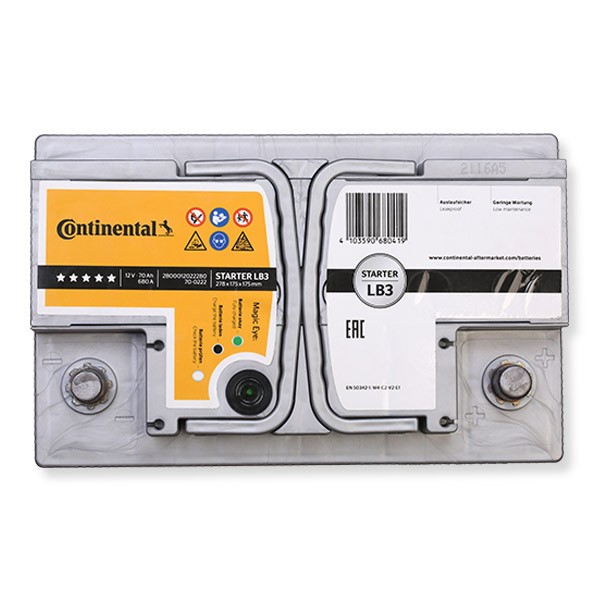 Continental 2800012022280 Starter Batterie 12V 70Ah 680A B13  Blei-Kalzium-Batterie (Pb/Ca), Bleiakkumulator