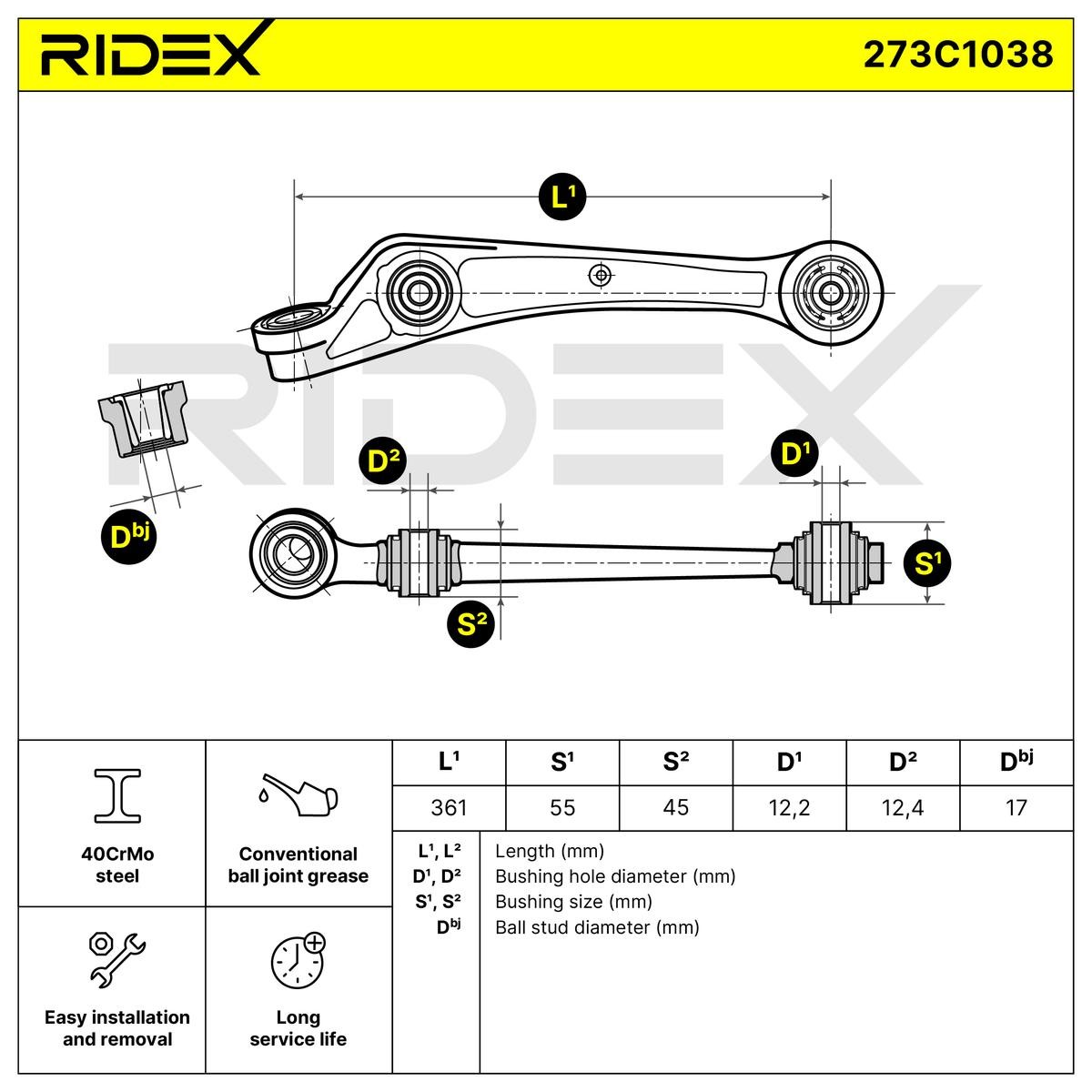 273C1038 Suspension wishbone arm 273C1038 RIDEX Front Axle, Lower, Right, Control Arm, Cone Size: 17 mm