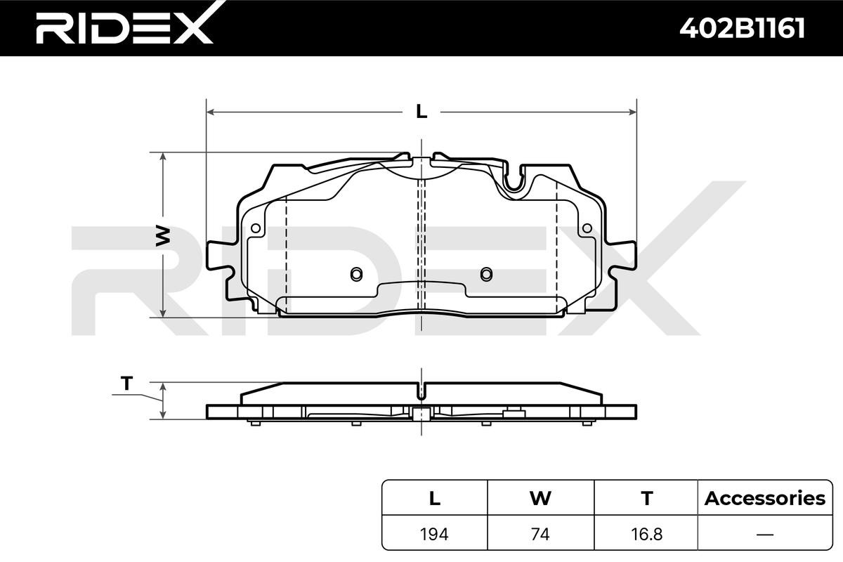 402B1161 Set of brake pads 402B1161 RIDEX Front Axle, prepared for wear indicator, with accessories