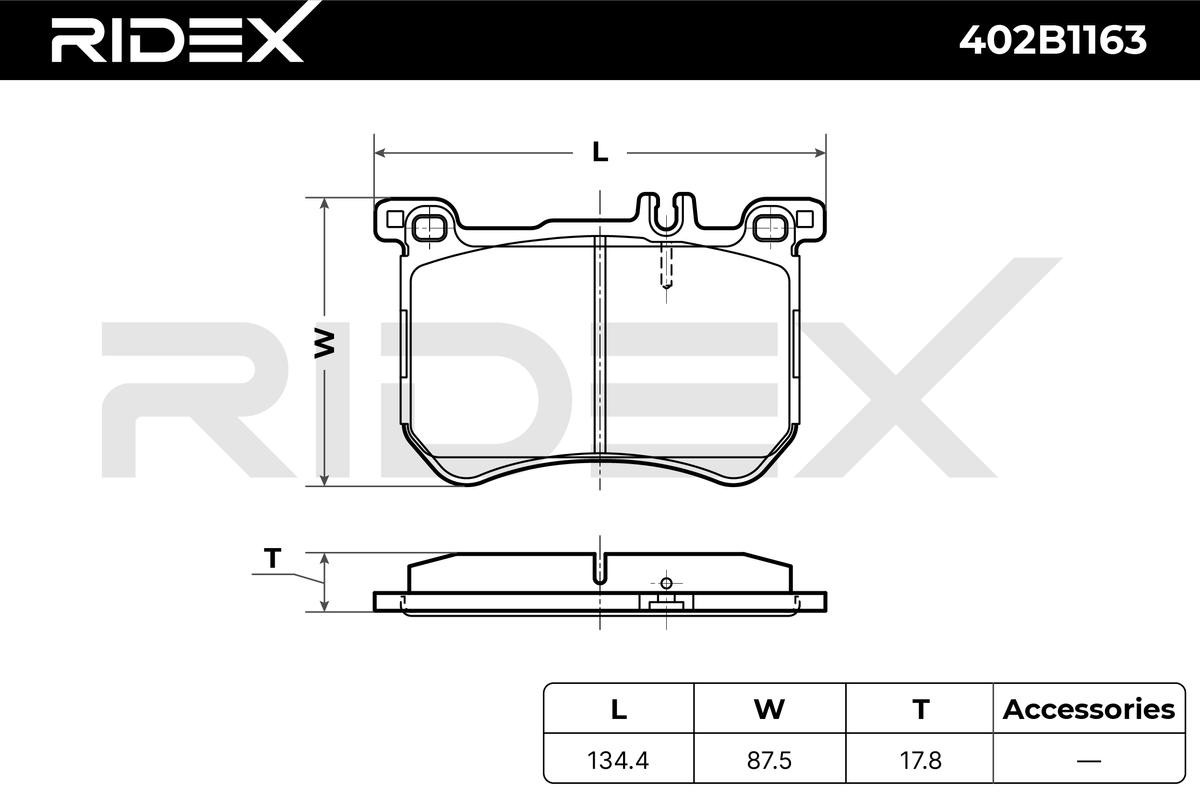 402B1163 Set of brake pads 402B1163 RIDEX Front Axle, Low-Metallic, prepared for wear indicator