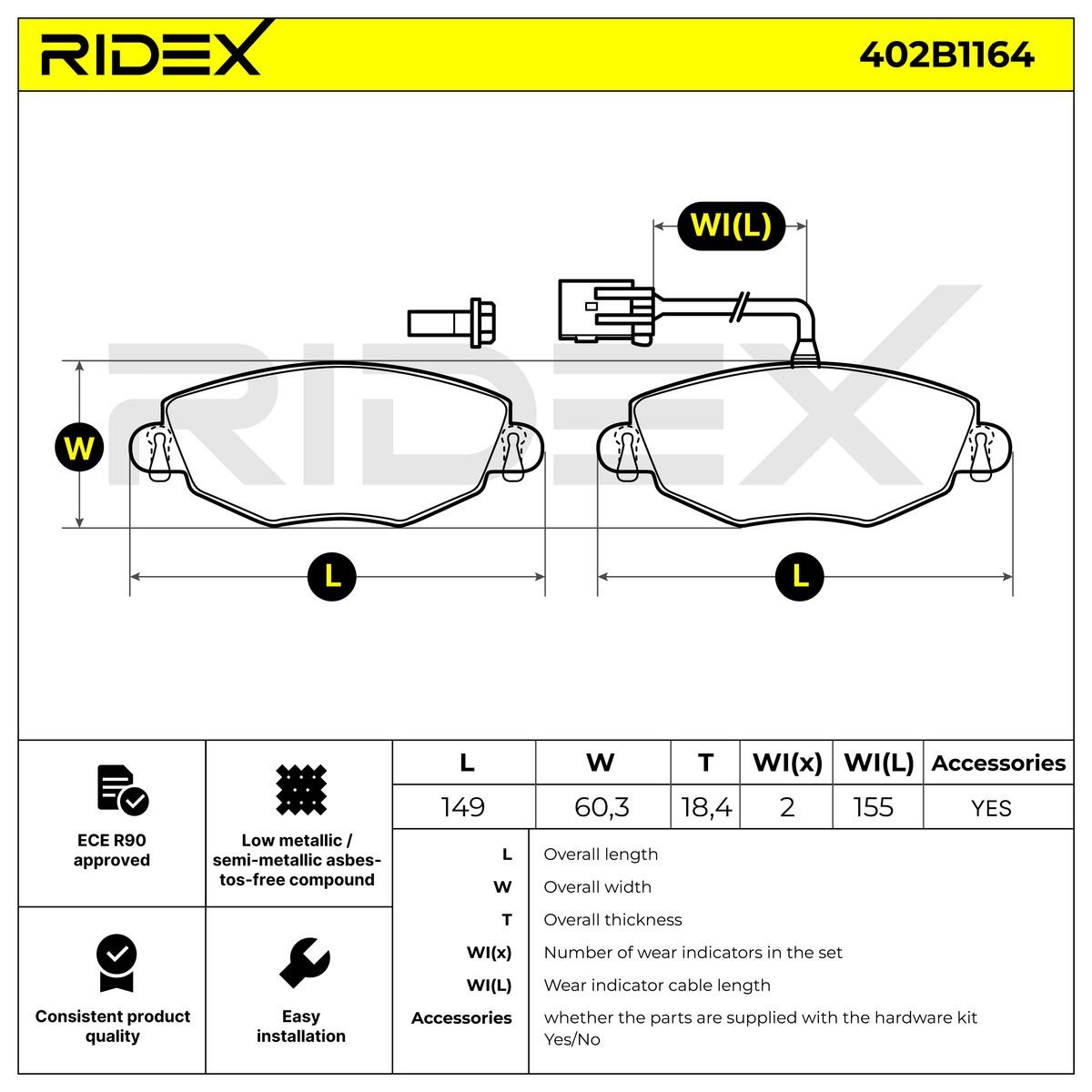 402B1164 Set of brake pads 402B1164 RIDEX Front Axle, incl. wear warning contact, with accessories