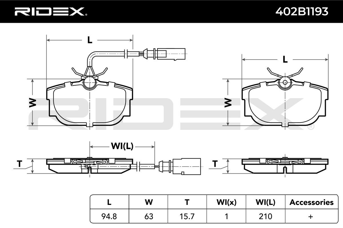 402B1193 Set of brake pads 402B1193 RIDEX Rear Axle, with integrated wear warning contact, with brake caliper screws, with accessories