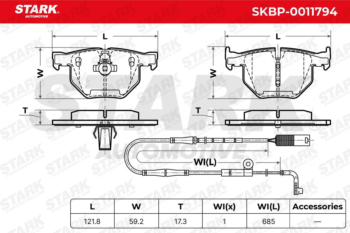 SKBP-0011794 Set of brake pads SKBP-0011794 STARK Rear Axle, prepared for wear indicator, incl. wear warning contact