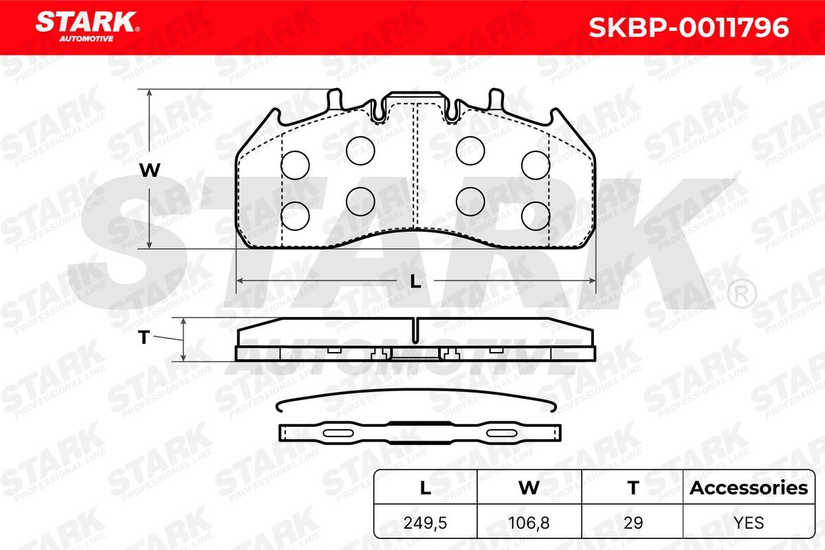 SKBP-0011796 Set of brake pads SKBP-0011796 STARK Front Axle, Rear Axle, excl. wear warning contact, with attachment material