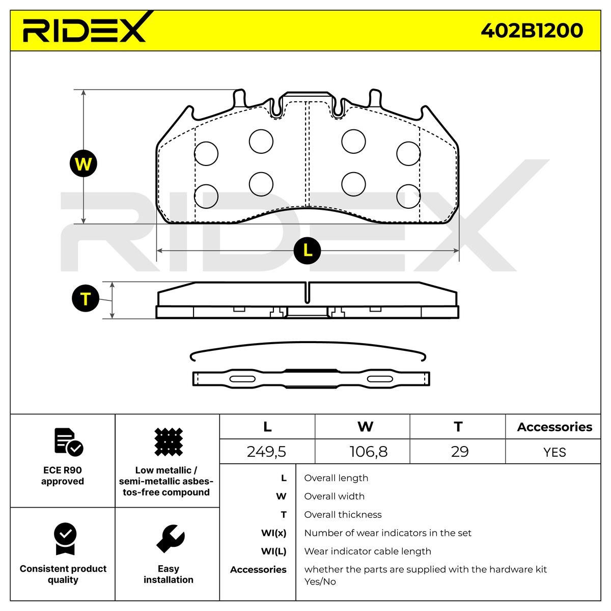 402B1200 Set of brake pads 402B1200 RIDEX Front Axle, Rear Axle, excl. wear warning contact, with attachment material