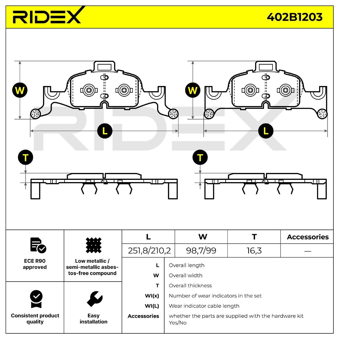 402B1203 Set of brake pads 402B1203 RIDEX Front Axle, prepared for wear indicator, with counterweights