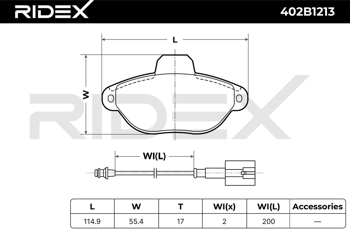 402B1213 Set of brake pads 402B1213 RIDEX Front Axle, incl. wear warning contact