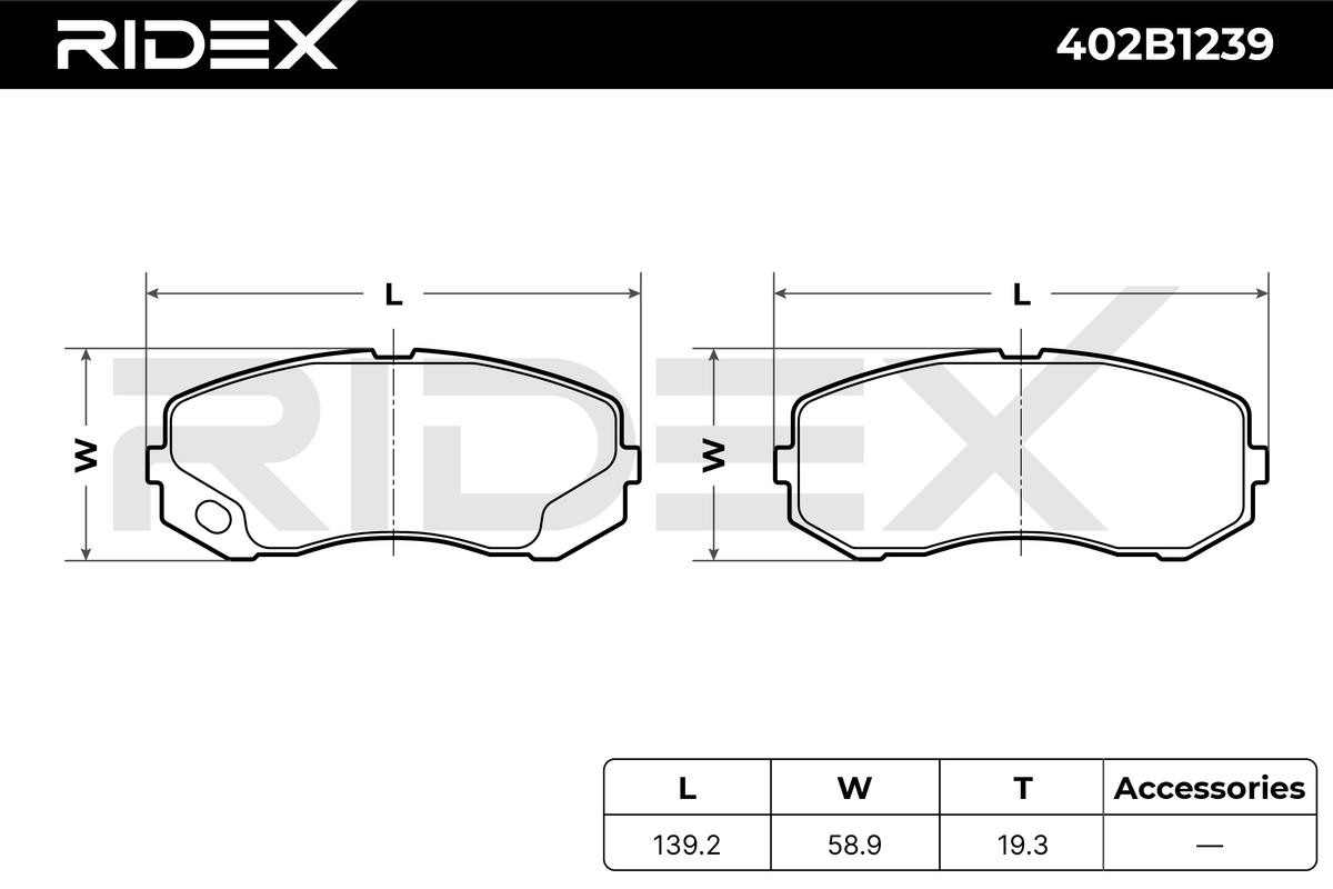402B1239 Set of brake pads 402B1239 RIDEX Rear Axle, Front Axle, prepared for wear indicator