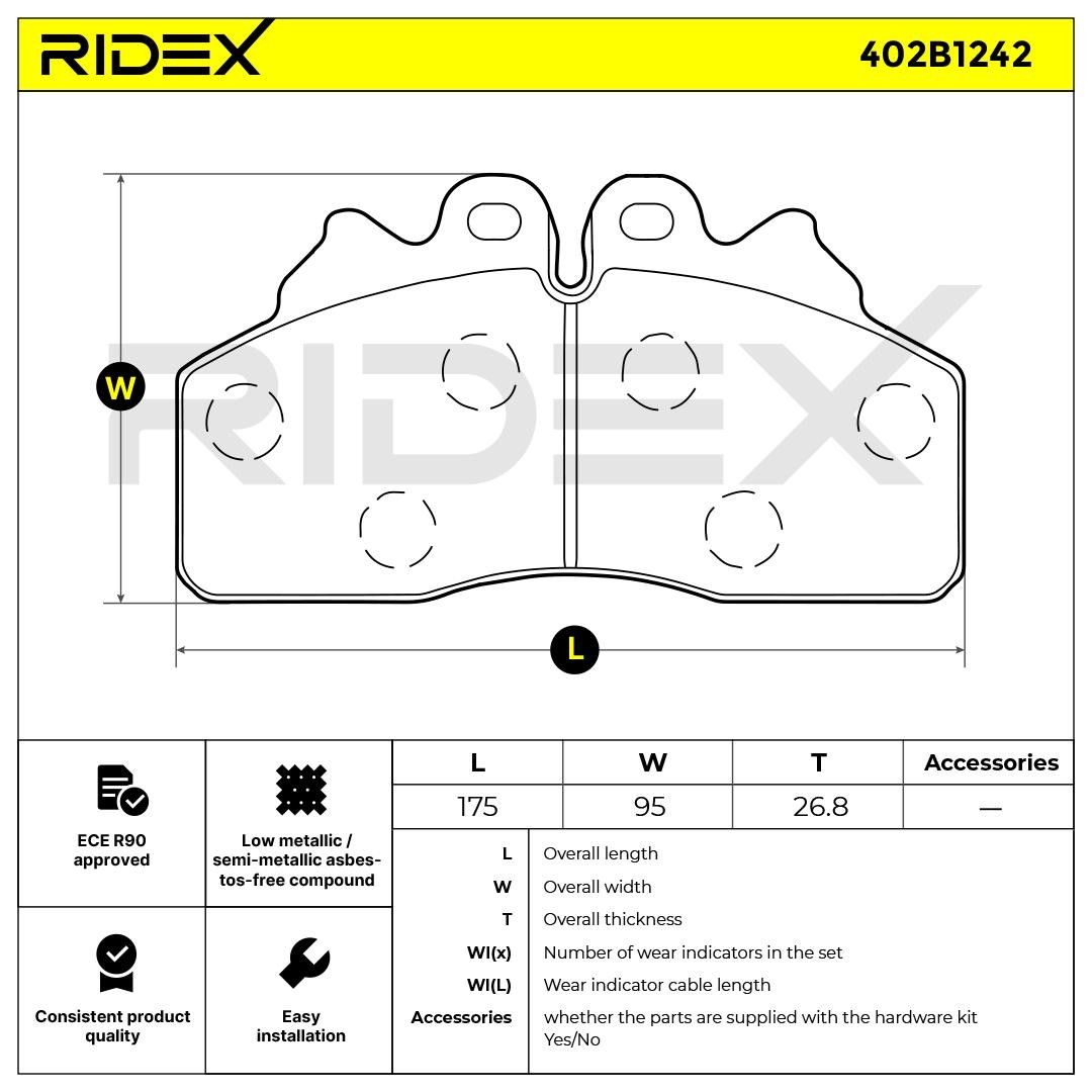 402B1242 Set of brake pads 402B1242 RIDEX Rear Axle, Front Axle, excl. wear warning contact