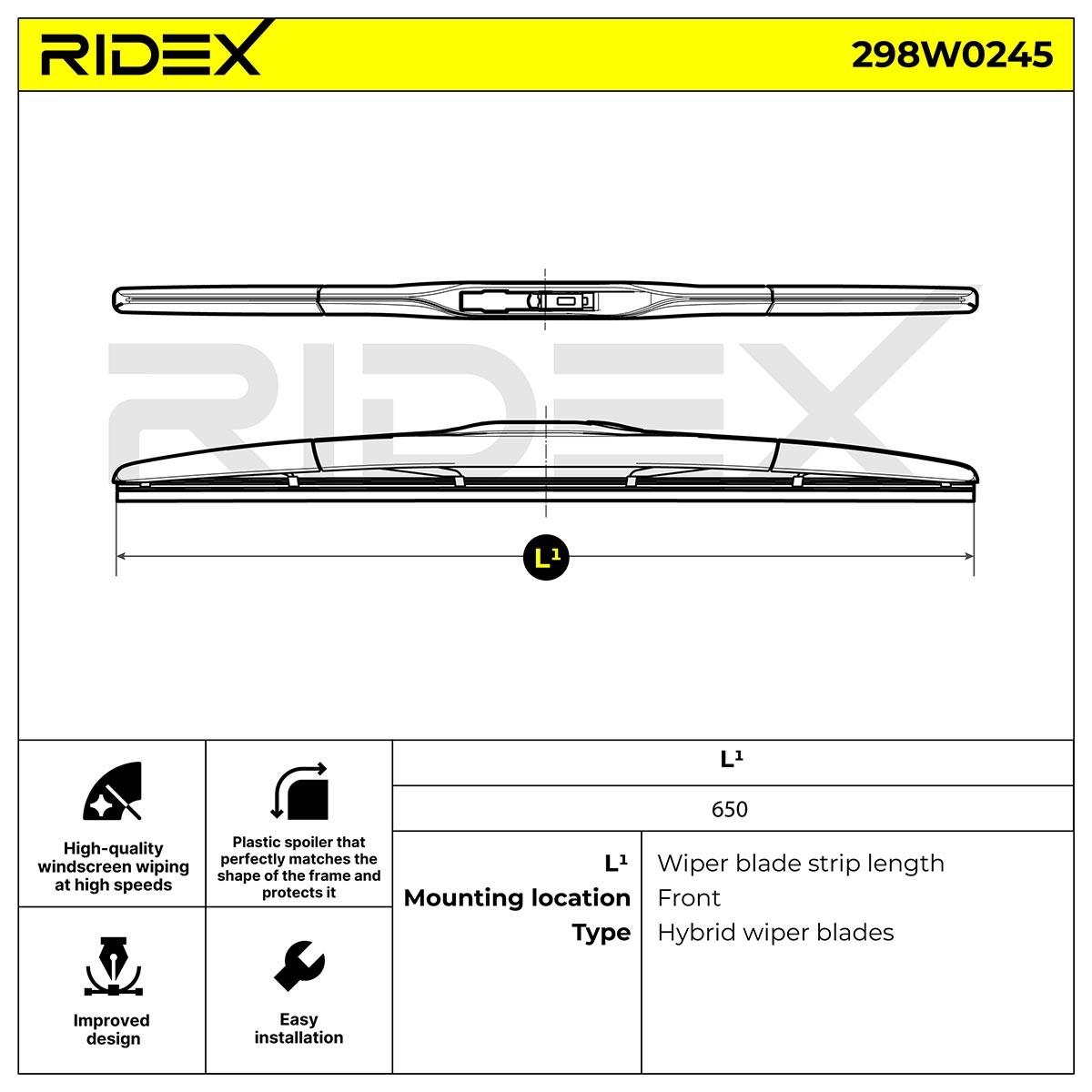 RIDEX 298W0245 Scheibenwischer 650 mm vorne, Hybridwischblatt, 26 Zoll