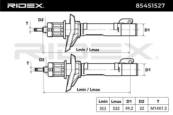 RIDEX 854S1527 Shock absorber Front Axle, Gas Pressure, Twin-Tube, Suspension Strut, Top pin