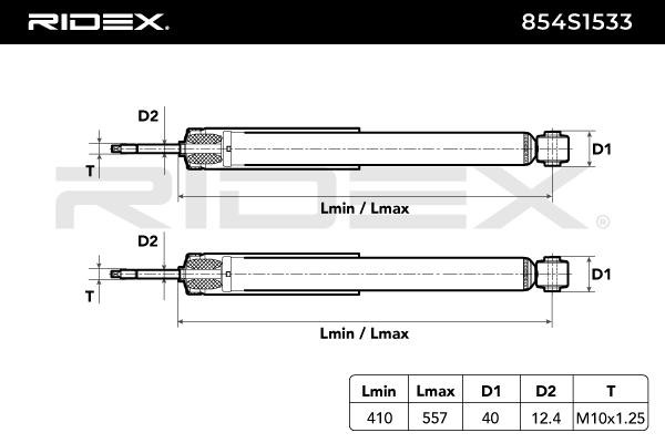 RIDEX 854S1533 Federbein Hinterachse, Gasdruck, Zweirohr, Teleskop-Stoßdämpfer, oben Stift, unten Auge