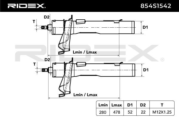RIDEX 854S1542 Shock absorber Front Axle, Gas Pressure, Ø: 52, Twin-Tube, Suspension Strut, Top pin, Bottom Clamp