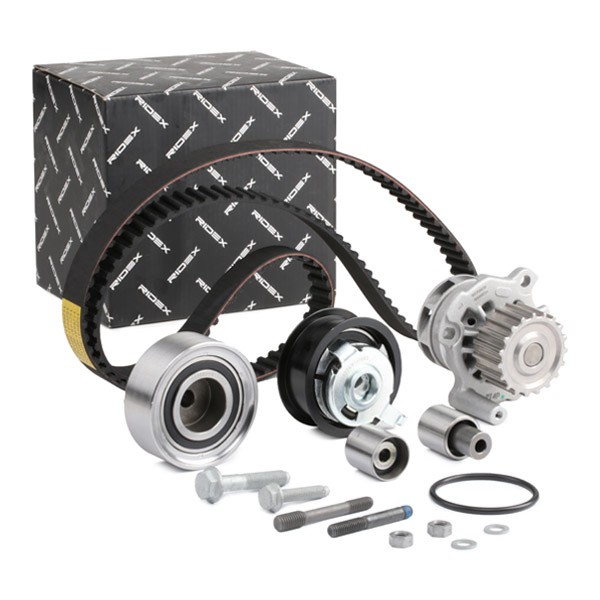 RIDEX 3096W0016 Water pump and timing belt kit with attachment material, with studs, Number of Teeth: 141 L: 1344 mm, with trapezoidal tooth profile, Plastic