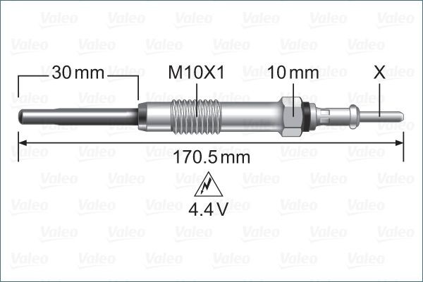 Diesel glow plugs VALEO 4,4V M10X1, 170,5 mm, 15 Nm - 345247