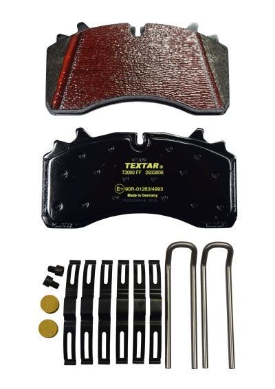 TEXTAR 2933606 Brake pad set epad, prepared for wear indicator, with brake caliper screws, with accessories