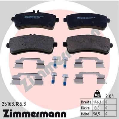 25163 ZIMMERMANN prepared for wear indicator, with bolts/screws, Photo corresponds to scope of supply, with sliding plate Height 1: 58mm, Height 2: 68mm, Width: 146mm, Thickness: 19mm Brake pads 25163.185.3 buy