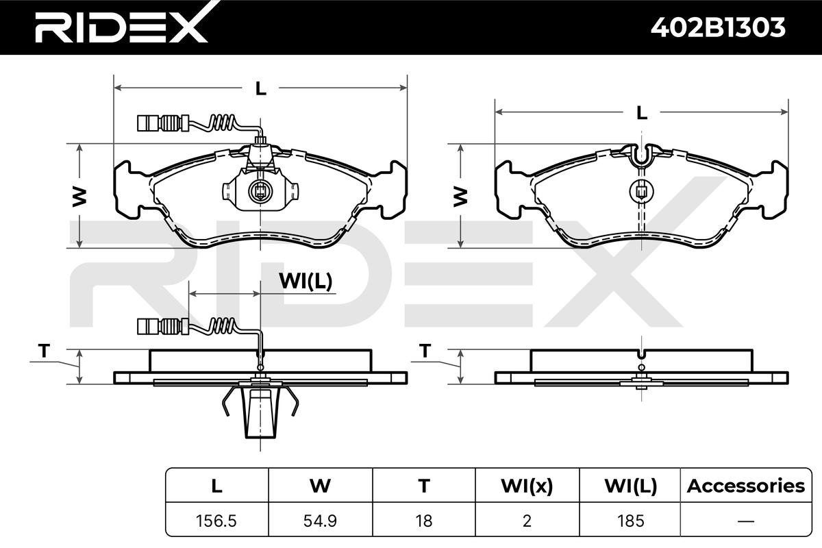 402B1303 Set of brake pads 402B1303 RIDEX Rear Axle, incl. wear warning contact, with piston clip