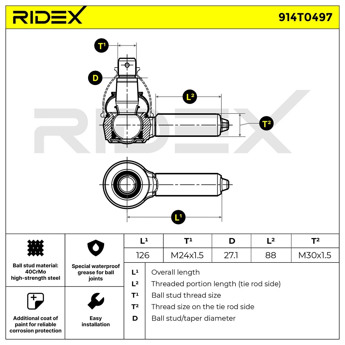 914T0497 Tie rod end 914T0497 RIDEX Cone Size 30 mm, Rear Axle Left, Front Axle Left, Front Axle Right, Rear Axle Right, with crown nut