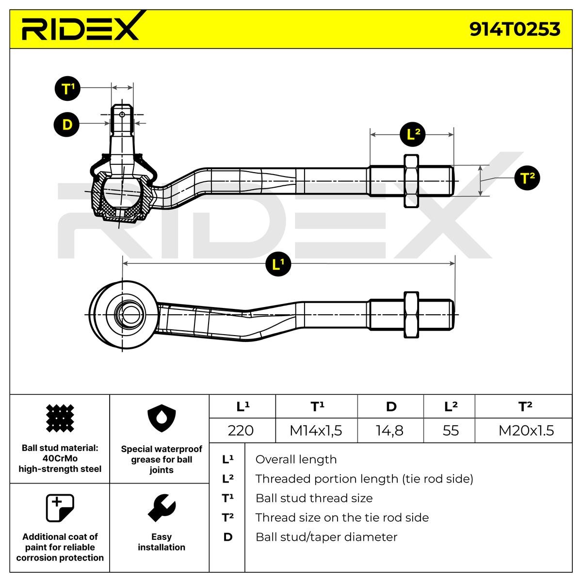 914T0253 Tie rod end 914T0253 RIDEX Cone Size 14,8 mm, M20x1.5 mm, Front Axle Right
