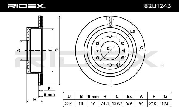 82B1243 Brake discs 82B1243 RIDEX Rear Axle, 332,0x18mm, 06/09x139,7, internally vented