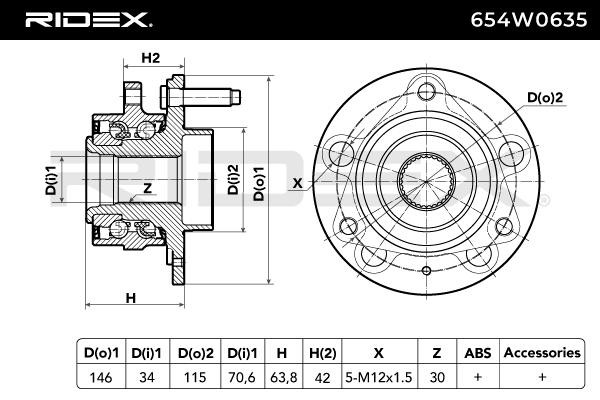 654W0635 Hub bearing & wheel bearing kit 654W0635 RIDEX Front axle both sides, with integrated magnetic sensor ring, 91,30 mm