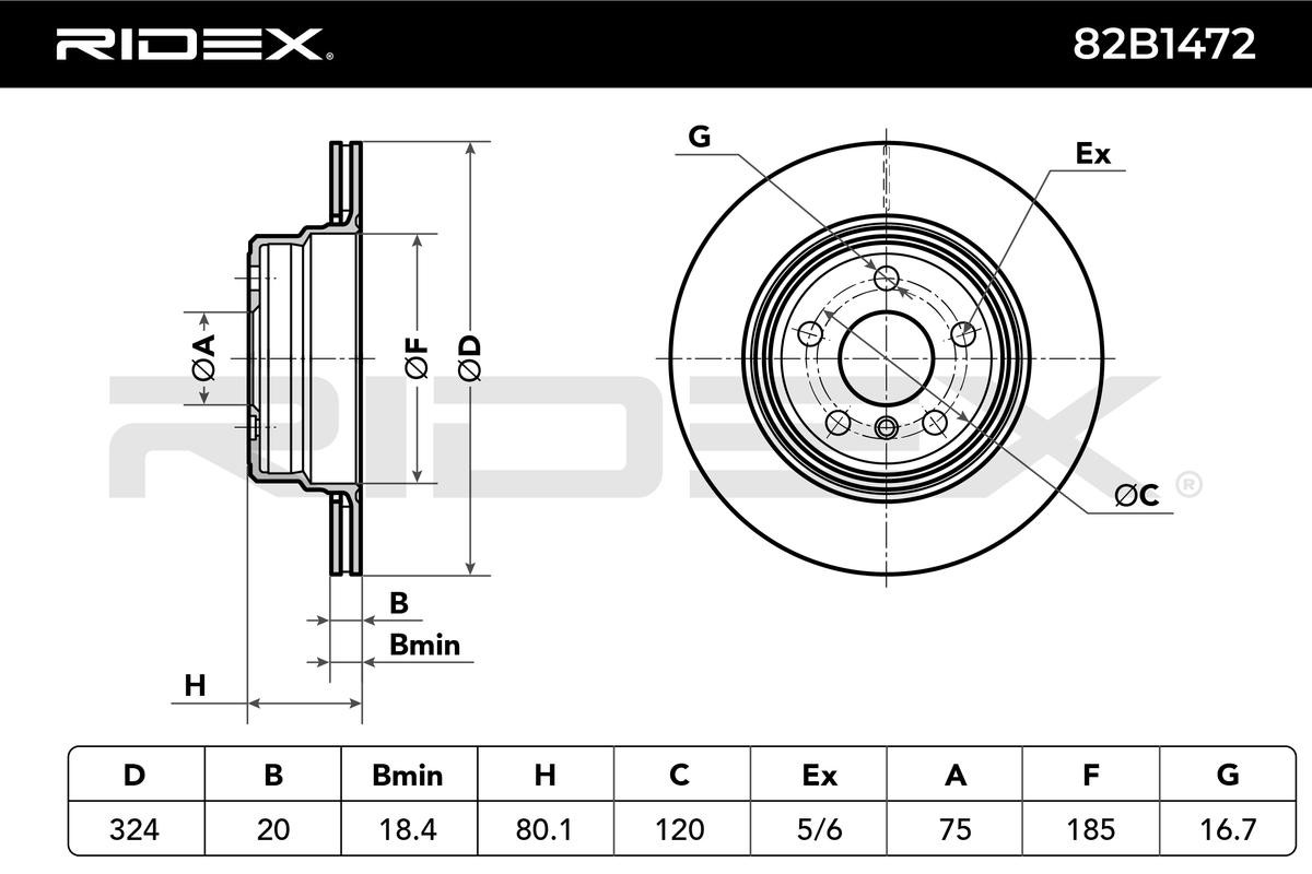 82B1472 Brake discs 82B1472 RIDEX Rear Axle, 324x20mm, 5/6x120, Externally Vented